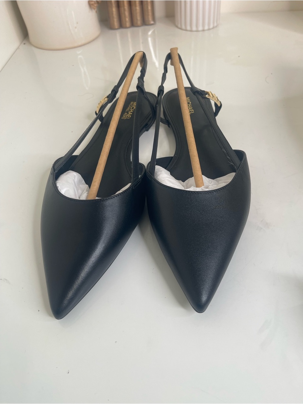 Michael Kors Black Pointed Slingback Flats with Gold Accent